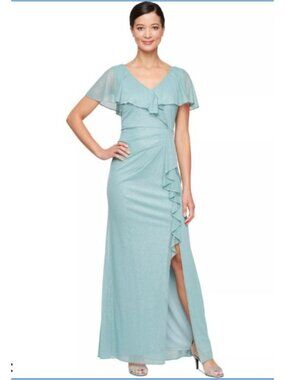 Ignite Evenings Womens Plus Size 22w Sparkling Seaglass Ruffle Evening Gown new